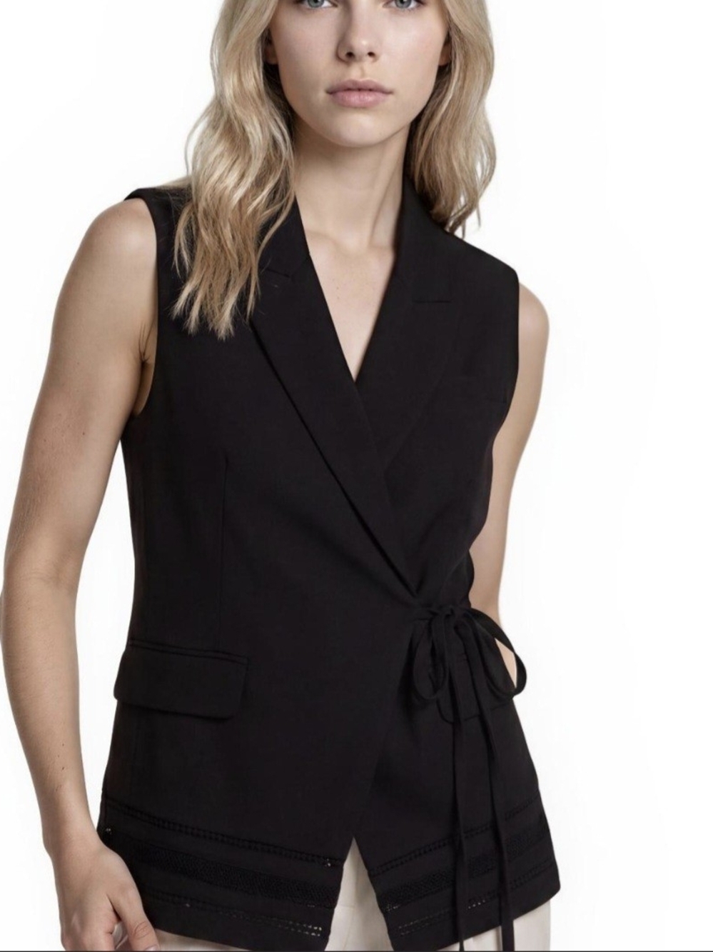 White House Black Market Black Sleeveless Wrap Tie Front Studio Vest with Tie 0